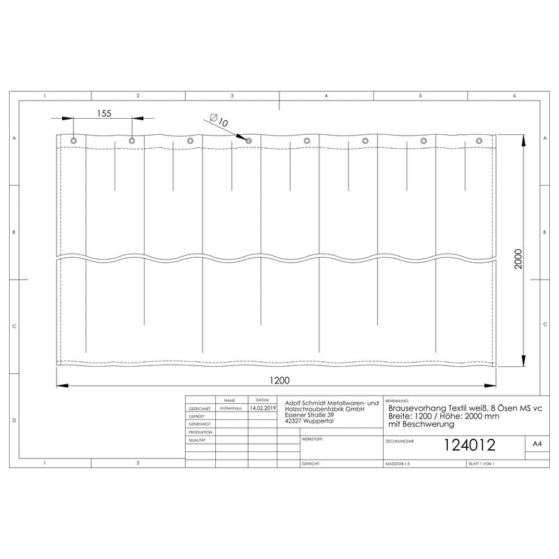 Adolf Schmidt - Brausevorhang Textil weiß waschbar H2000xB1200mm, 8 Ösen MS vc