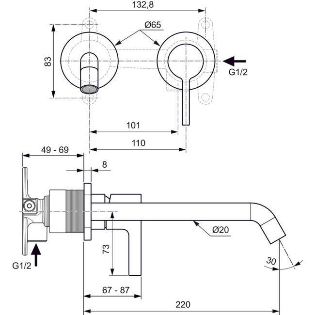 Ideal Standard - Wand-Waschtischarmatur JOY, BS2, runde Rosette, Ausld.225mm, Chrom