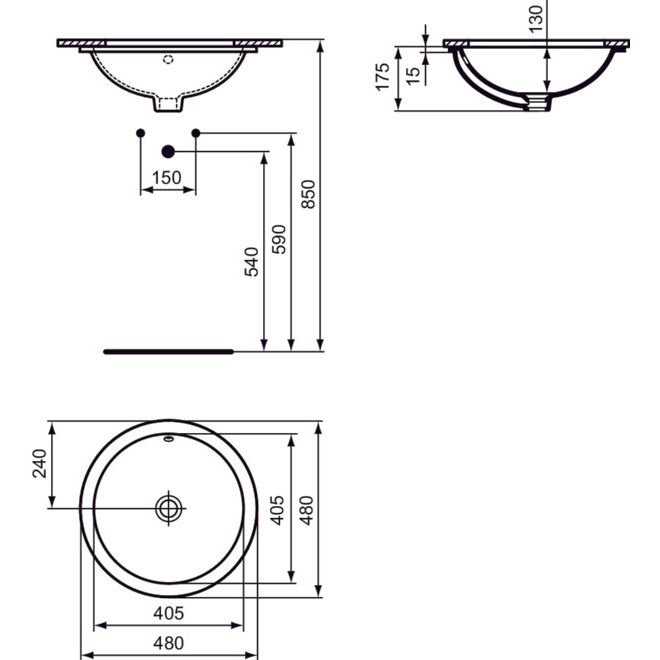 Ideal Standard - Unterbauwaschtisch CONNECT, rund, o.Hl., m.Ül., 480x480x175mm, Weiß