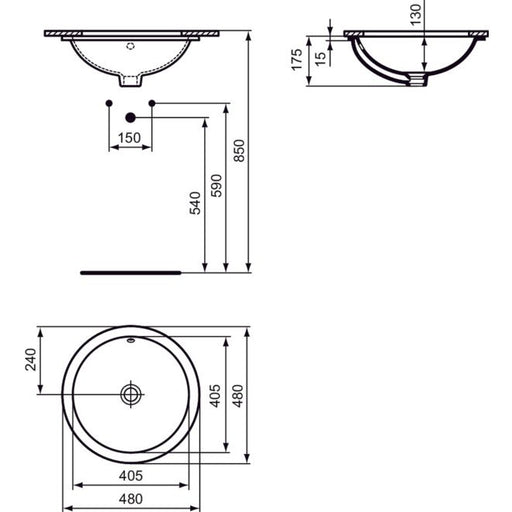 Ideal Standard - Unterbauwaschtisch CONNECT, rund, o.Hl., m.Ül., 480x480x175mm, Weiß