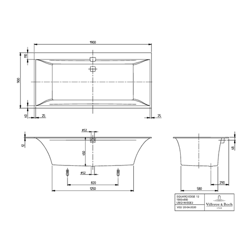 VILLEROY & BOCH - Badewanne Squaro Edge 12 1900x800x 496mm re-eckig m. Sys CE TP2 Weiß Alpin
