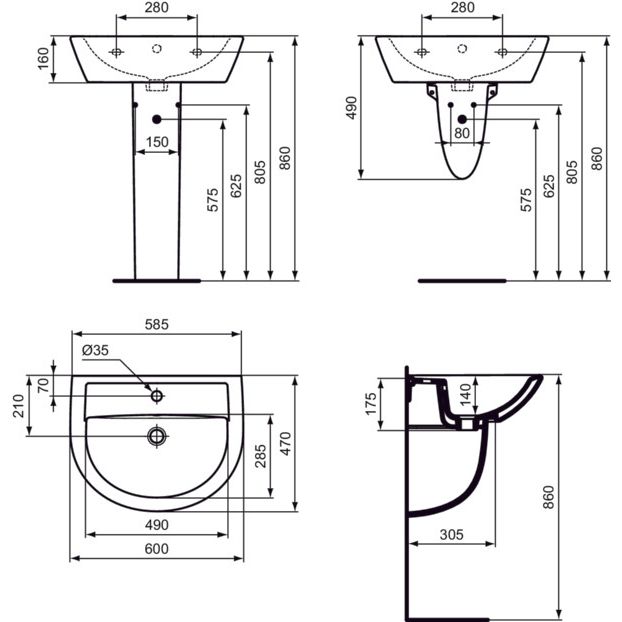 Ideal Standard - Waschtisch EUROVIT, 1 Hl., m.Ül., 600x470x175mm, Weiß