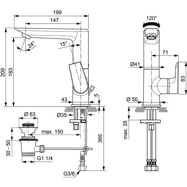 Ideal Standard - WT-Armatur TESI, 5 l/min.,m.Ablgarn., m.hohem schwenkb.Ausl.,Ausld.147mm,Chrom