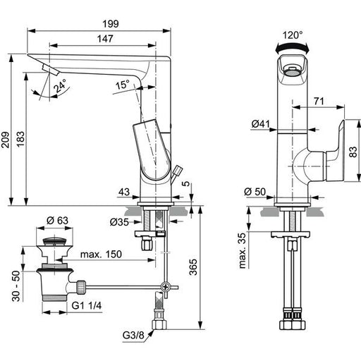 Ideal Standard - WT-Armatur TESI, 5 l/min.,m.Ablgarn., m.hohem schwenkb.Ausl.,Ausld.147mm,Chrom