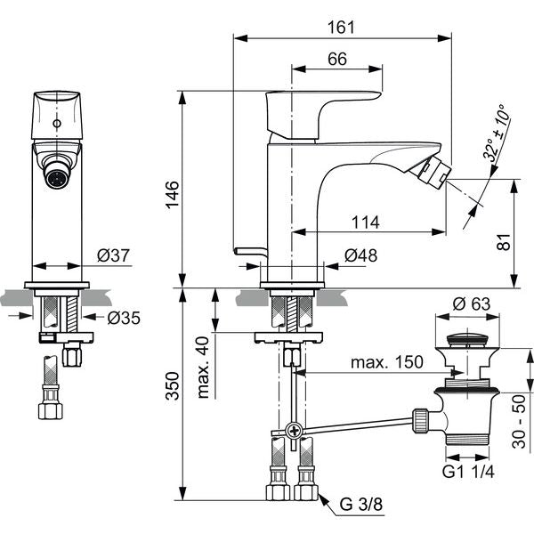Ideal Standard - Bidetarmatur CONNECT AIR, Ausld.114mm, m.Ablgarn., Blizzard silver