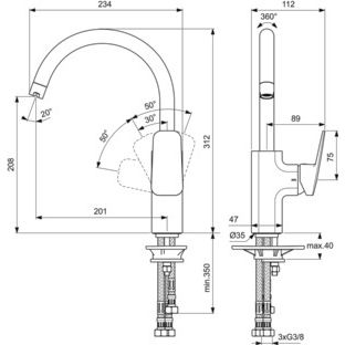Ideal Standard - Küchenarmatur CERAPLAN Ausld.200mm m.h.Rohrauslauf Niederdruck Chrom