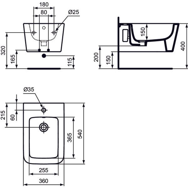 Ideal Standard - Wand-Bidet BLEND Square, 1 Hl., 360x540x250mm, Weiß