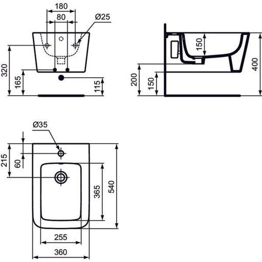 Ideal Standard - Wand-Bidet BLEND Square, 1 Hl., 360x540x250mm, Weiß