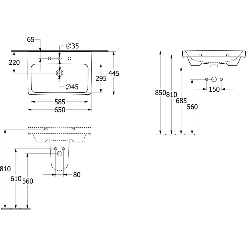 VILLEROY & BOCH - Waschbecken Architectura 650x445mm re-eckig o. ÜL. Weiß Alpin AntiBac cplus