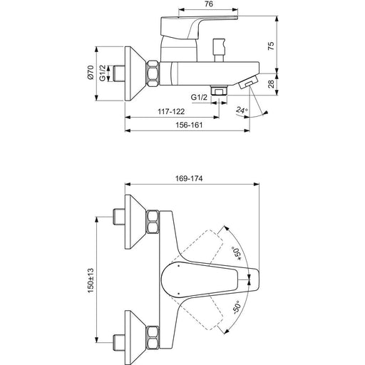Ideal Standard - Badearmatur AP CERAFINE D, Ausld. 156-161mm, Chrom