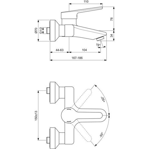 Ideal Standard - Wand-WT-Armatur CERAPLUS 2, 5 l/min., Ausld. 148-167mm, Chrom