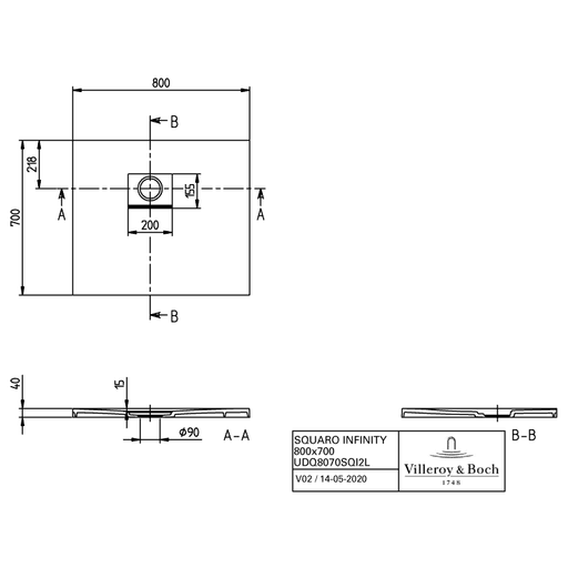 VILLEROY & BOCH - Duschwanne Squaro Infinity 800x700x40mm re-eckig EB:li Anthracite