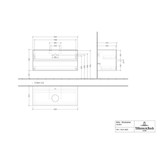 VILLEROY & BOCH - Konsolen-Unterschrank 1200mm f AWT 2 Ausz 1 Aussch mLB C518H1 VD Sand Grey