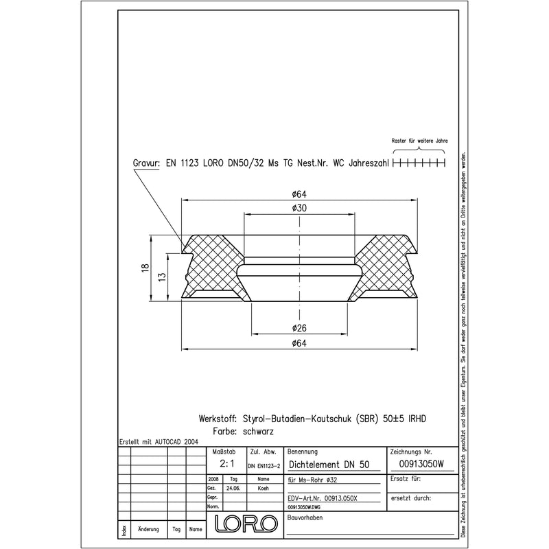 Lorowerk - LORO-X-Dichtelement 00913. DN 50 für Übergang auf Mess-Rohr 32mm