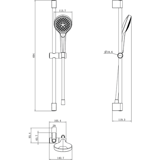 VILLEROY & BOCH - Duschgarnitur m drei Strahlarten Verve Showers 93x690x63mm Wmont.Chrom