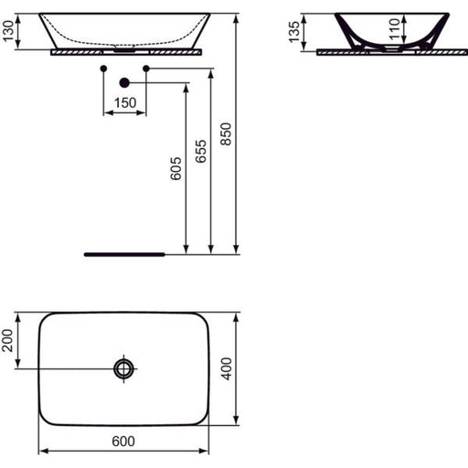 Ideal Standard - Schale CONNECT AIR, rechteckig, o.Hl., o.Ül., 600x400x135mm, Weiß m. IP