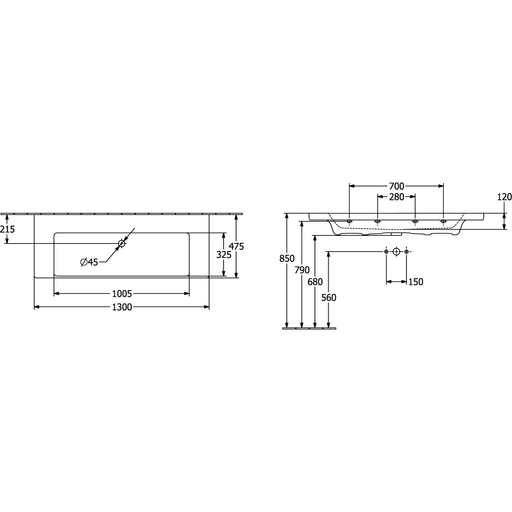 VILLEROY & BOCH - Schrankwaschtisch Subway 3.0 1300x 475mm Rechteck mit Überlauf Weiß Alpin