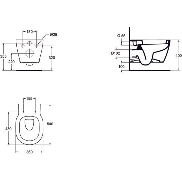 Ideal Standard - Wandtiefspül-WC CONNECT, 360x540x340mm, Weiß mit Ideal Plus