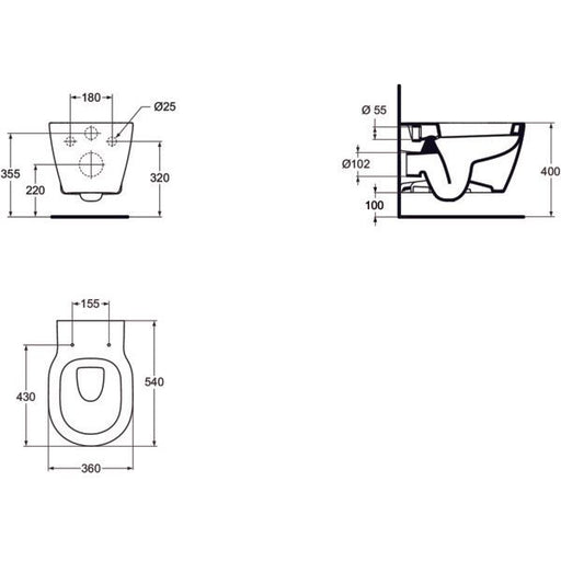 Ideal Standard - Wandtiefspül-WC CONNECT, 360x540x340mm, Weiß mit Ideal Plus