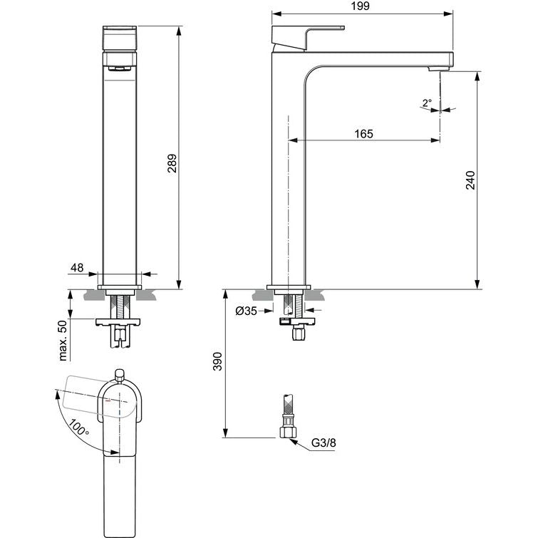 Ideal Standard - WT-Armatur EDGE, Slim, m.verl.Sockel, o.Ablgarn., 5l/min, BlueStart, Chrom
