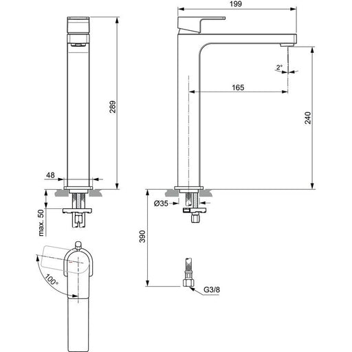 Ideal Standard - WT-Armatur EDGE, Slim, m.verl.Sockel, o.Ablgarn., 5l/min, BlueStart, Chrom