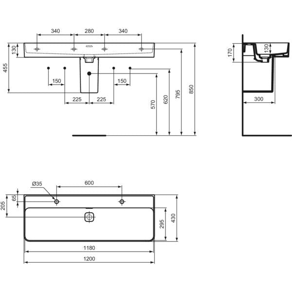 Ideal Standard - Waschtisch STRADA II, 2 Hl. r.u.l. , m.ÜL.,geschliffen,1200x430x170mm,Weiß IP
