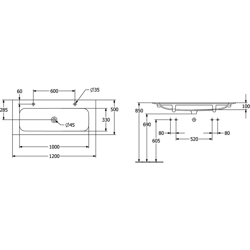 VILLEROY & BOCH - Schrankwaschtisch Finion 1200x500mm re-eckig 2HL. o. ÜL. Stone White cplus