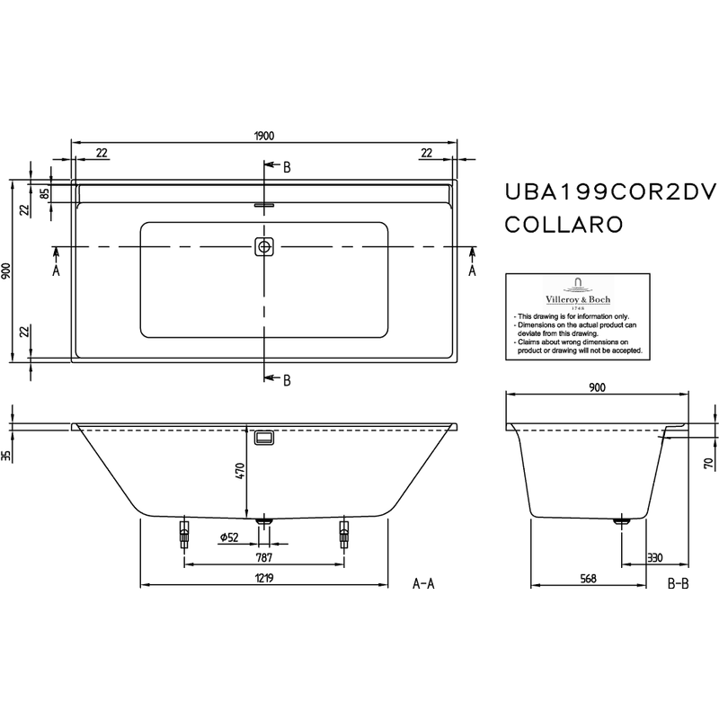 VILLEROY & BOCH - Badewanne Collaro 1900x900x470mm Duo Rechteck Weiß Alpin