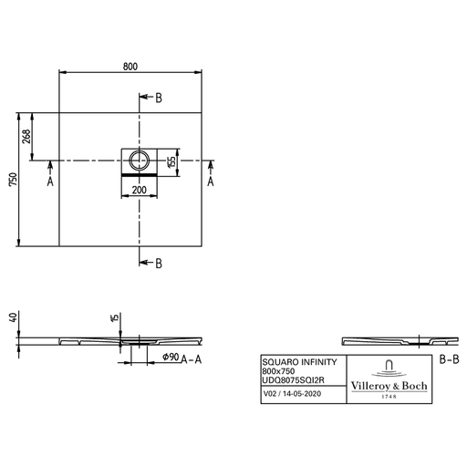 VILLEROY & BOCH - Duschwanne Squaro Infinity 800x750x40mm re-eckig EB:re Stone White