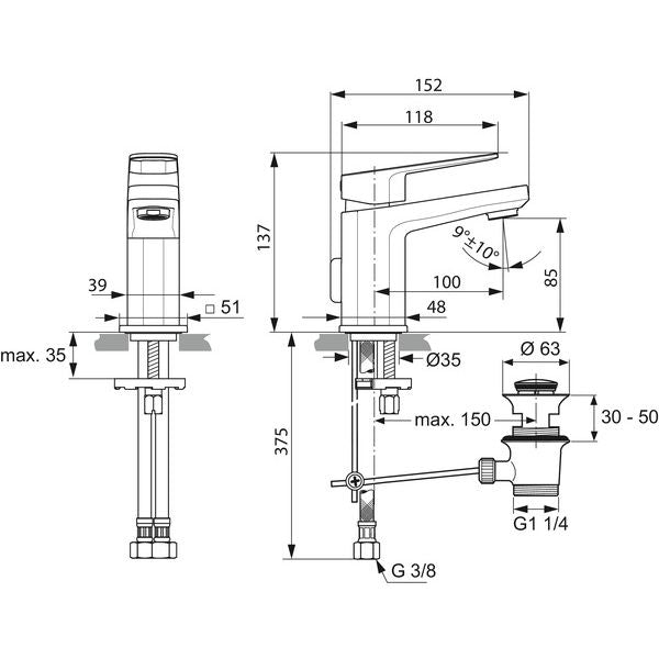 Ideal Standard - Waschtischarmatur TONIC II, 5 l/min., Piccolo, m.Ablgarn., Ausld. 100mm, Chrom