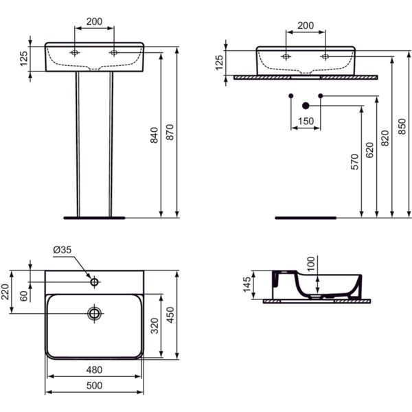 Ideal Standard - Waschtisch CONCA, 1 Hl., o.Ül., 500x450x145mm, Weiß