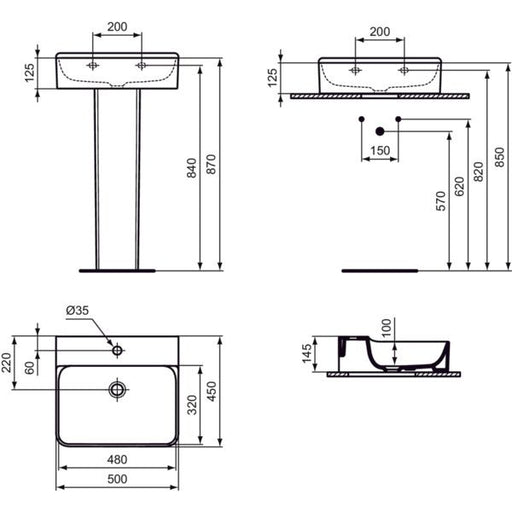 Ideal Standard - Waschtisch CONCA, 1 Hl., o.Ül., 500x450x145mm, Weiß