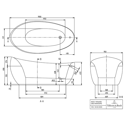 VILLEROY & BOCH - Badewanne Aveo 1900x950x468mm Freistehend Stone White