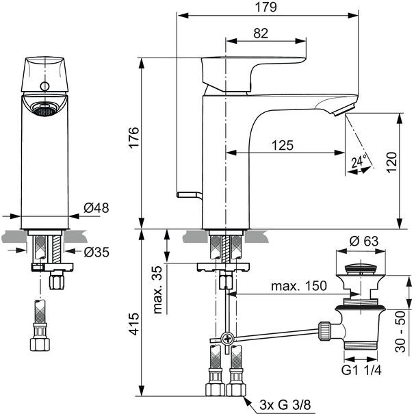 Ideal Standard - WT-Arm.CONNECT AIR, ND,Grande,5l/min, m.Ablgarn., Ausld.125mm, Blizzard silver