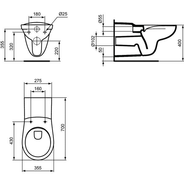 Ideal Standard - Wandtiefspül-WC CONTOUR 21,barr-frei, ohne Spülrand, 355x700x380mm, Weiß