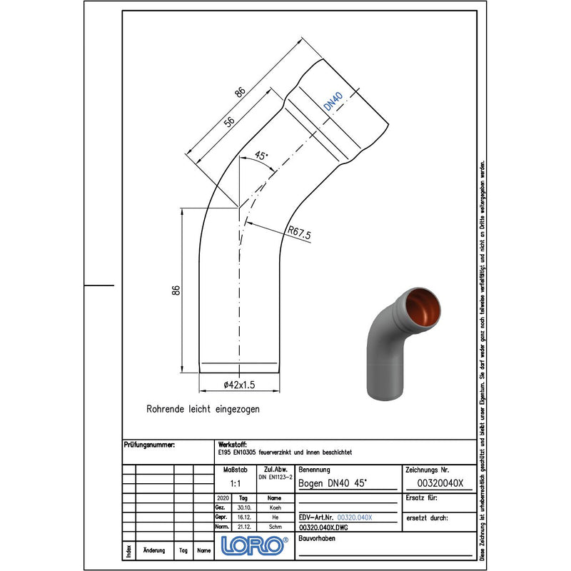 Lorowerk - Bogen 00320.040X DN 40 45 Grad