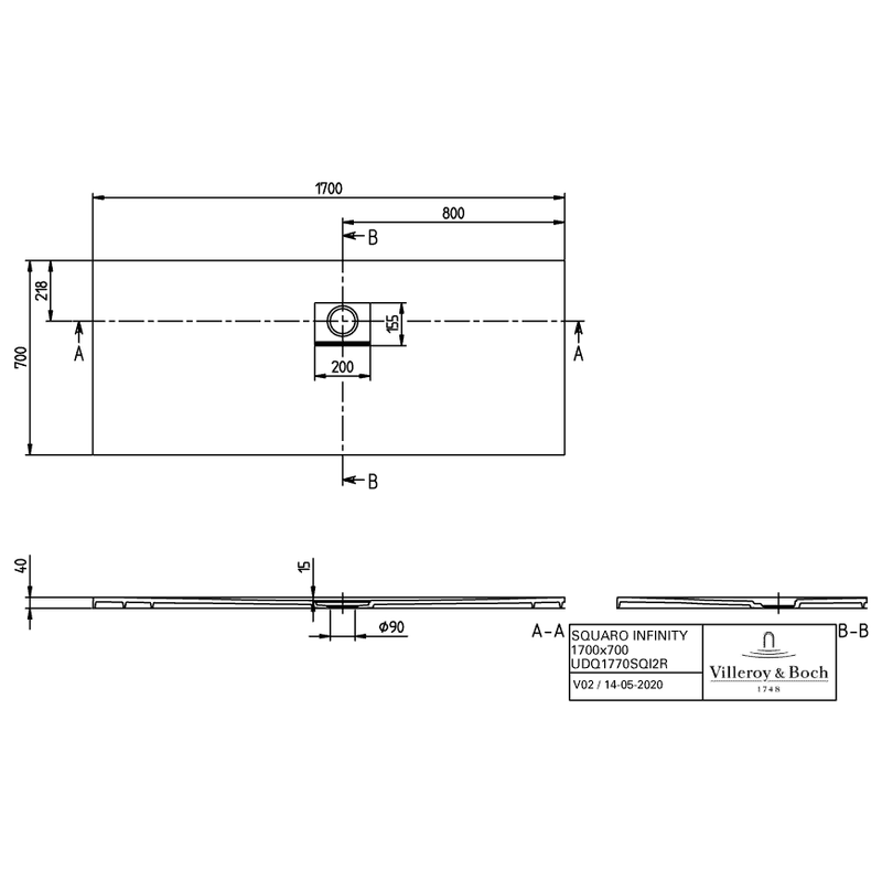 VILLEROY & BOCH - Duschwanne Squaro Infinity 1700x700x40mm re-eckig EB:re Stone White