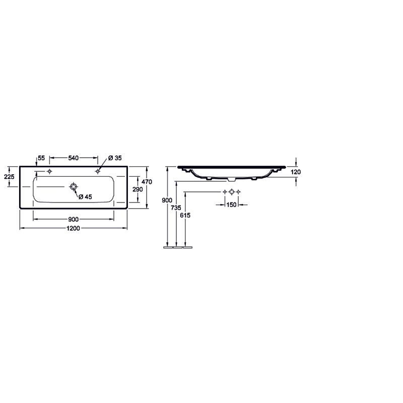 VILLEROY & BOCH - Waschtisch 1200x470mm A18 unterbau- fähig Typ 4A13C401 2 HL weiß