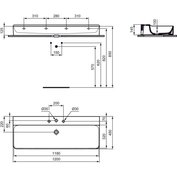 Ideal Standard - Waschtisch CONCA, 3 Hl., o.Ül., 1200x450x145mm, geschliffen, Weiß m.IP