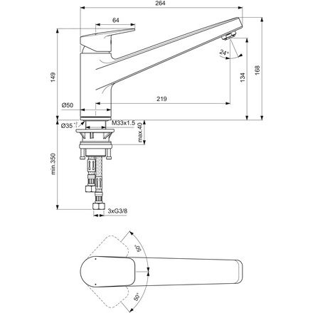 Ideal Standard - Küchenarmatur CERAPLAN Ausld.219mm Niederdruck Chrom