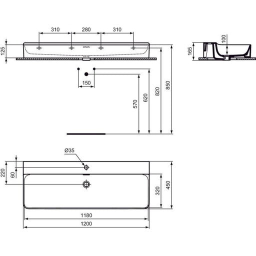 Ideal Standard - Waschtisch CONCA, 1 Hl., m.Ül., 1200x450x165mm, geschliffen, Weiß m.IP