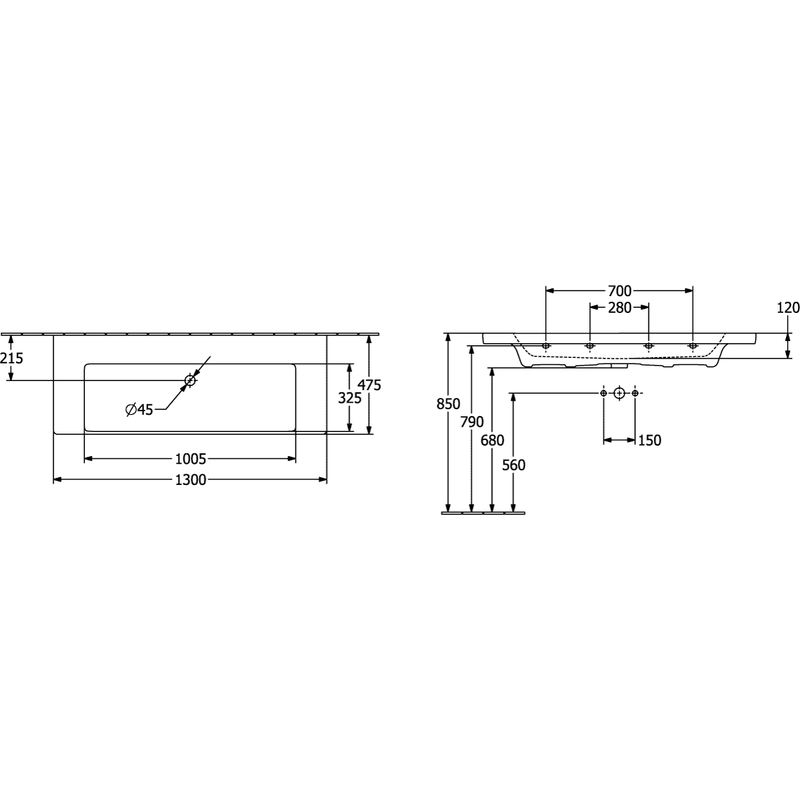 VILLEROY & BOCH - Schrankwaschtisch Subway 3.0 1300x 470mm re-eckig o. ÜL. Stone White cplus
