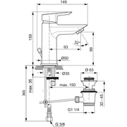 Ideal Standard - Waschtischarmatur TESI, 5 l/min., m.Ablgarn., Ausld. 93mm, Chrom