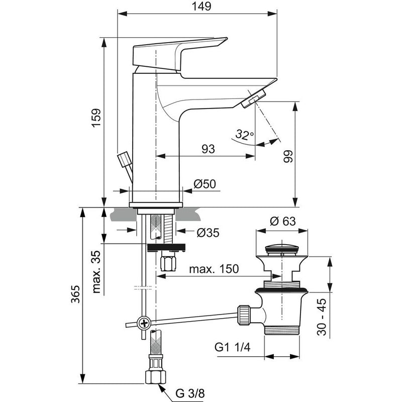 Ideal Standard - Waschtischarmatur TESI, 5 l/min., m.Ablgarn., Ausld. 93mm, Chrom