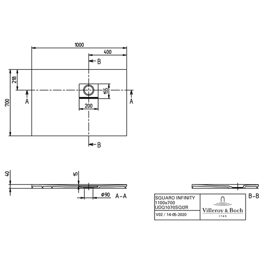 VILLEROY & BOCH - Duschwanne Squaro Infinity 1000x700x40mm re-eckig EB:re Grey