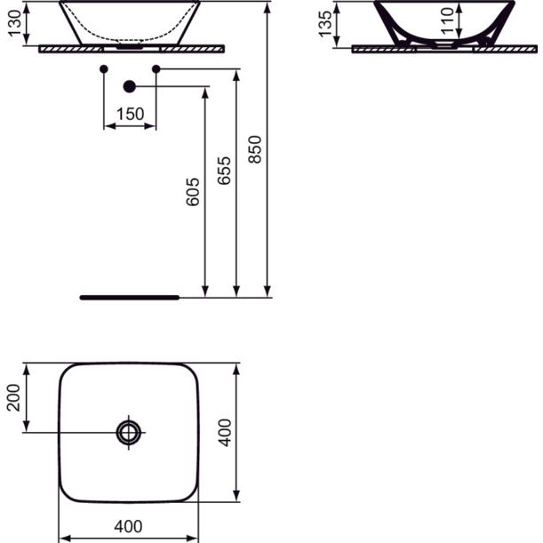 Ideal Standard - Schale CONNECT AIR, quadratisch, o.Hl., o.Ül., 400x400x135mm, Weiß m. IP