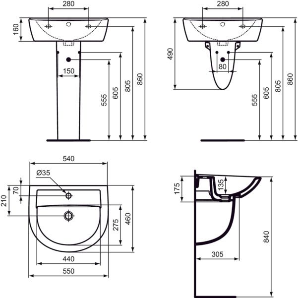 Ideal Standard - Waschtisch EUROVIT, 1 Hl., m.Ül., 550x460x175mm, Weiß
