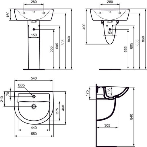 Ideal Standard - Waschtisch EUROVIT, 1 Hl., m.Ül., 550x460x175mm, Weiß