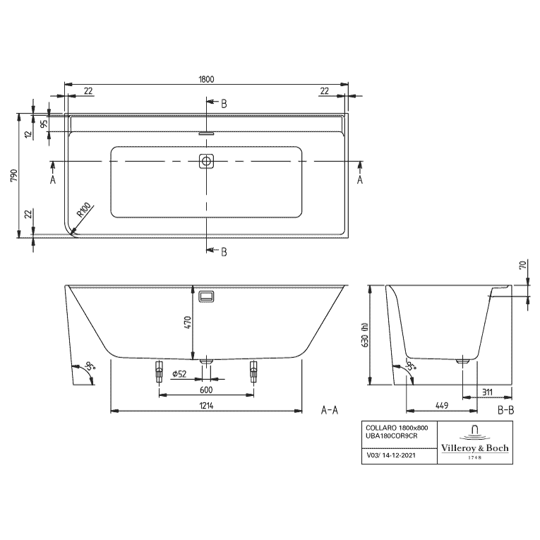 VILLEROY & BOCH - Vorwand-BW Collaro 1790x790x470mm rechte Ausführung CoD we Alpin