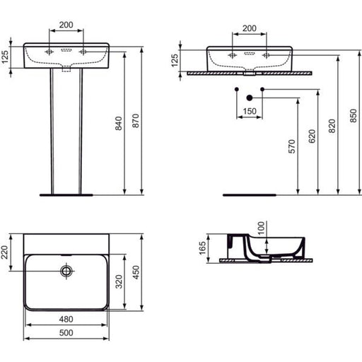 Ideal Standard - Waschtisch CONCA, o.Hl., m.Ül., 500x450x165mm, geschliffen, Weiß